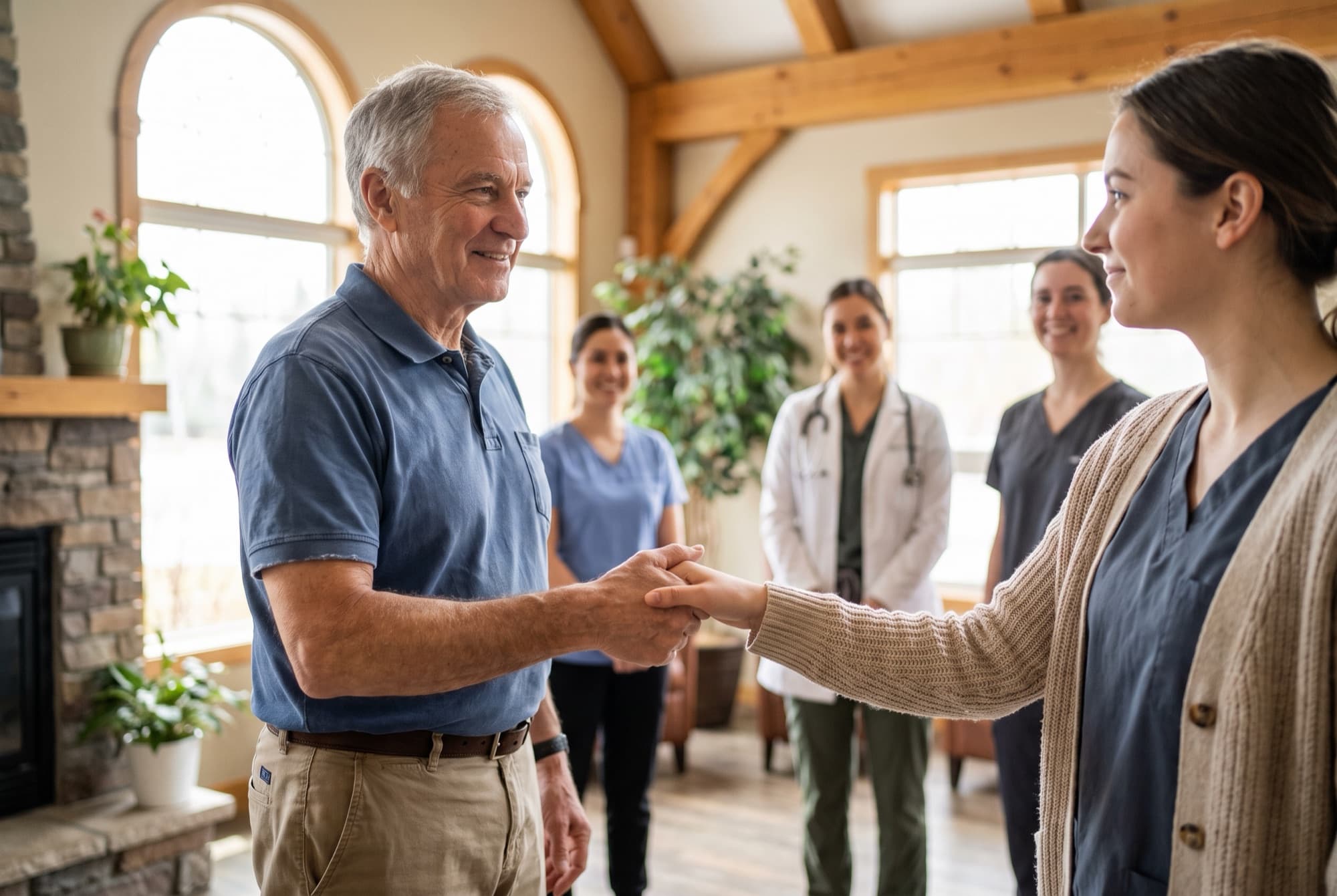 A physiotherapist welcoming the new owner of his clinic